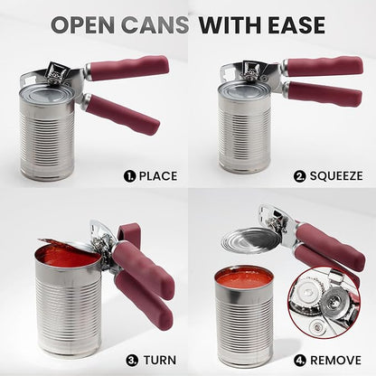 Zulay Kitchen Heavy Duty Stainless Steel Can Opener Manual with Bottle Opener - Rust Proof Manual Can Opener With Turn Knob & Comfy Soft Grip Handles - Deep Red