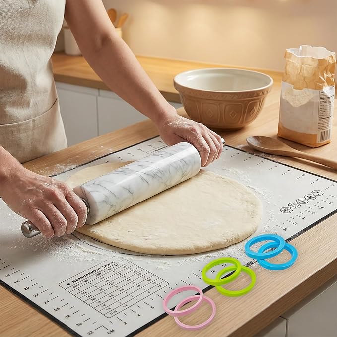 White Marble Rolling Pin with Stainless Steel Handles Baking Set