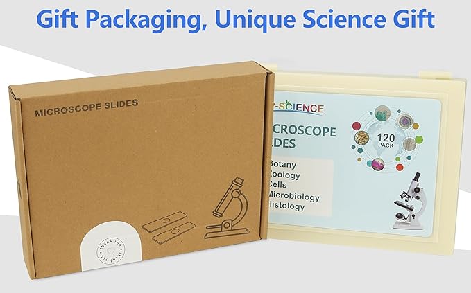120 Microscope Slides with Specimens Set, Lab-Grade Prepared Microscope Slides for Kids Adults, Animal/Plant/Microbe/Tissue/Cells, STEM Biology Kit for Homeschool, Classroom Labs & Science Education