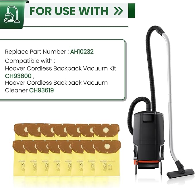 15 Pack AH10232 Sealed Collar Vacuum Bags for Hoover Commercial MPWR 40V Cordless Backpack Vacuum CH93619, CH93600 | Type CB1 Replacement Filter Bag with Leak-Proof Design