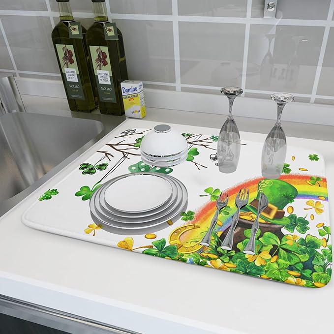 Giwawa St Patrick Dish Drying Mat Large Lucky Clover Tree Shamrock Dish Drainer