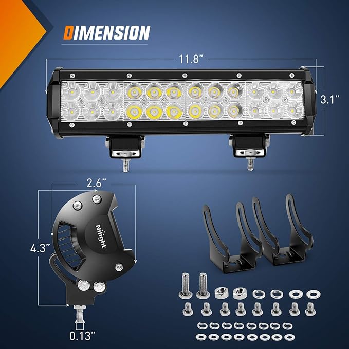 Nilight - ZH084 LED Light Bar 12Inch 72W Spot Flood Combo LED Off Road Lights 12V 5Pin Rocker Switch Wiring Harness Kit- One Lead, 2 Years Warranty