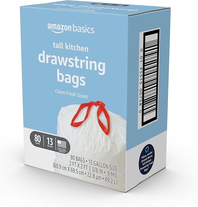 Amazon Basics Tall Kitchen Drawstring Trash Bags, Clean Fresh Scent, 13 Gallon