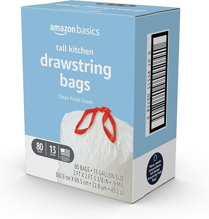 Amazon Basics Tall Kitchen Drawstring Trash Bags, Clean Fresh Scent, 13 Gallon