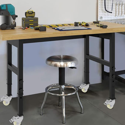 60'' Adjustable Workbench, Solid Wood Work Bench Table with Wheels and Power Outlet, Rolling Workbench Large Load Capacity Garage Workbench for Workshop,Office,Home