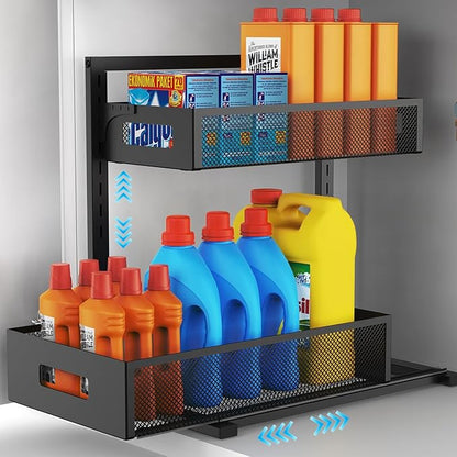Petiza Under Sink Organizer Pull Out Cabinet Organizer Adjustable Height 2 Tier