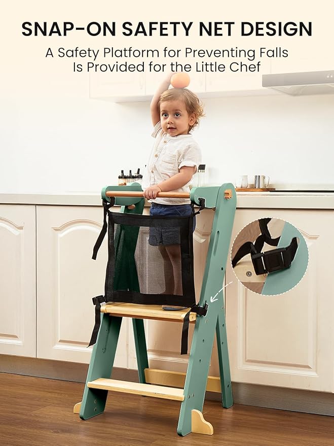 GROWNSY Foldable Step Stool Toddler Tower, Toddler Kitchen Stool Helper, Collapsible Kids Standing Learning Tower with 3 Adjustable Heights and Safety Net for Kitchen Bathroom Sink Counter (Green)