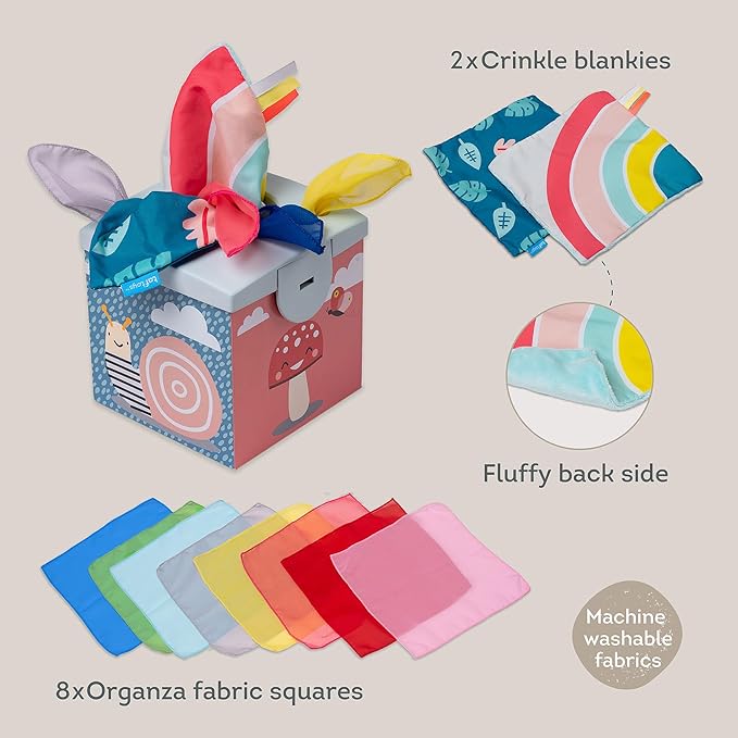 Taf Toys Sensory Crinkle Tissue Box for Toddlers. STEM Montessori Toy with Colorful Soft Scarves and Crinkling Blankies