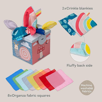Taf Toys Sensory Crinkle Tissue Box for Toddlers. STEM Montessori Toy with Colorful Soft Scarves and Crinkling Blankies
