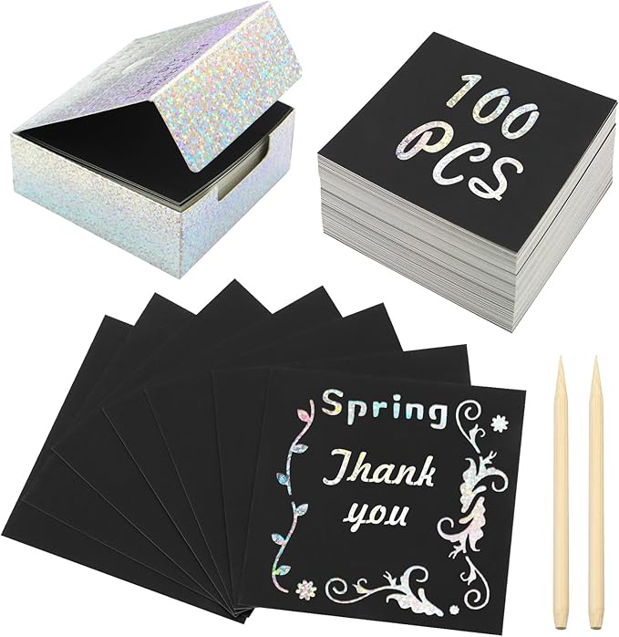 100 PCS Mini Rainbow Scratch Notes Art,Silver Glitter Scratch Paper,DIY Art Craft for Students Classroom Activities Birthday Party Games(3.3"x3.3")
