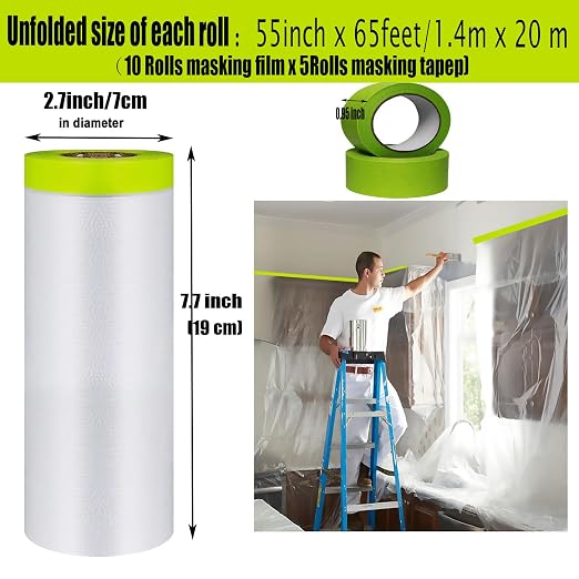 Painters Plastic with Tape, Tape and Drape, 10 Rolls Automotive Painters Tape and Plastic Film, Paint Plastic Covering Roll for Covering Skirting, Frames, Cars and Auto Body (55in X 65-Feet)
