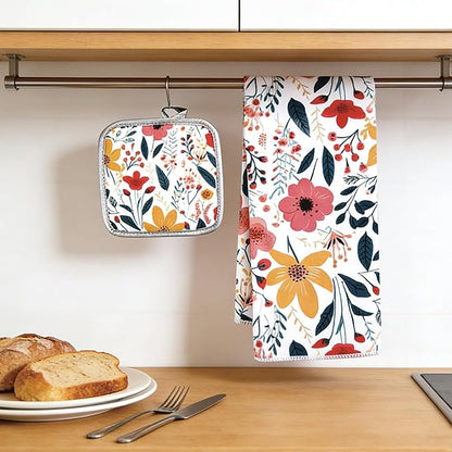 3 Pcs Kitchen Stuff, Wild Floral Kitchen Oven Mitts and Pot Holders Sets