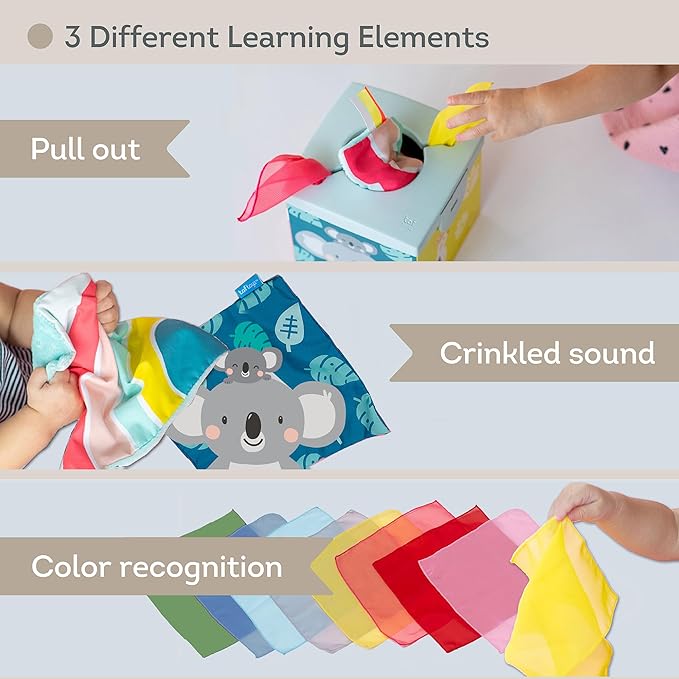 Taf Toys Sensory Crinkle Tissue Box for Toddlers. STEM Montessori Toy with Colorful Soft Scarves and Crinkling Blankies