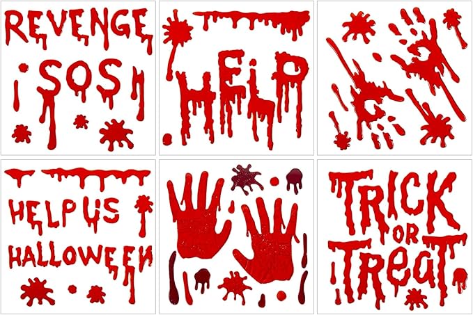 6 Sheets Halloween Window Clings Gel, Reusable Blood Window Clings Gel, Scary Decorations, Help Us, Revenge SOS, Trick or Treat, Bloody Halloween Decorations