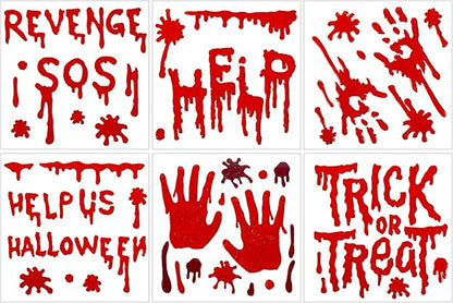 6 Sheets Halloween Window Clings Gel, Reusable Blood Window Clings Gel, Scary Decorations, Help Us, Revenge SOS, Trick or Treat, Bloody Halloween Decorations