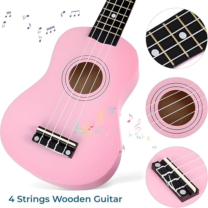 21 Inch Wooden Kids Toddler Child Children Acoustic Guitar Musical Instruments Ideal for 3-9 Year Old Boys Girls Gifts (Pink)