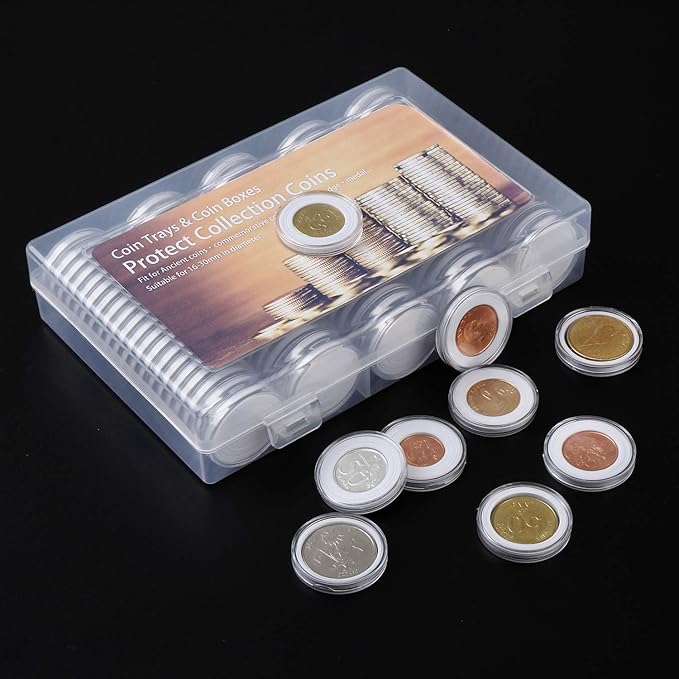 100 Pieces 30mm Coin Capsules and 5 Sizes (17/20/25/27/30mm) Protect Gasket Coin Holder Case with Plastic Storage Organizer Box for Coin Collection Supplies