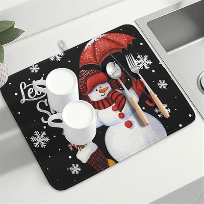 Black Snowman Dish Drying Mats for Kitchen Counter, Winter Snowflake Dish Mat