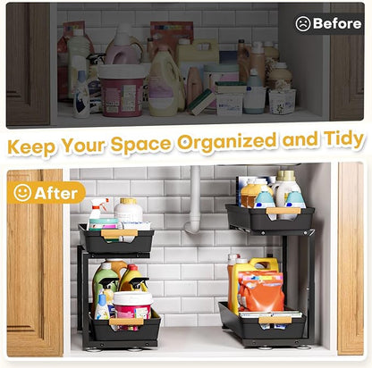 Homde 2-Tier Under Sink Organizer: 2pcs Set Adjustable Pull Out Drawer