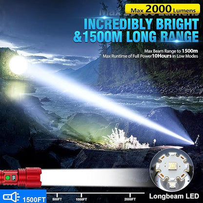Rechargeable Flashlights High Lumens - 1500 Meters Long Beam Super Bright LED Flash Light with Power Display & IPX5 Waterproof for Camping, 20H Runtime,5 Modes,Zoomable Handheld Flashlight -2pcs Red