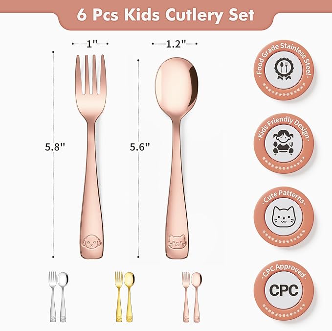 DRKIO Stainless Steel Toddler Utensils Set - 6 Pieces Kids Silverware Set Children Safe Food Grade Small Forks and Spoons Dishwasher Safe Mirror Polished