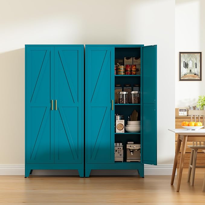 61" Tall Metal Pantry Cabinet, Kitchen Storage Cabinet with 2 Doors and 3 Adjustable Shelves for Kitchen, Living Room, Dining Room, Bathroom and Home, Office (Blue, 61" H)