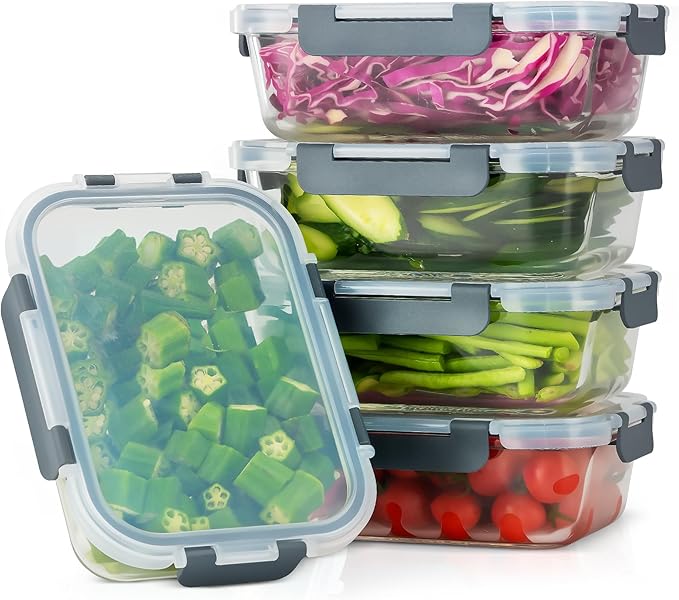 5 PACK 36 oz Glass Meal Prep Containers, Glass Food Containers with Snap-Lock Lids, Airtight Lunch Containers, Microwave, Oven, Refrigerator and Dishwasher Safe，Gray
