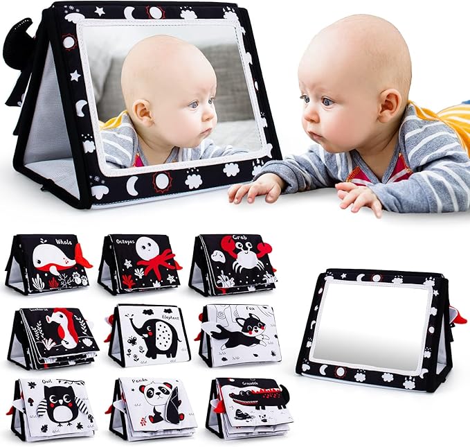 Tummy Time Mirror, Baby Tummy Time Toys with Soft Book, Black and White High Contrast Baby Toys, 3D Activity Sensory Montessori Toys Crawling Mat