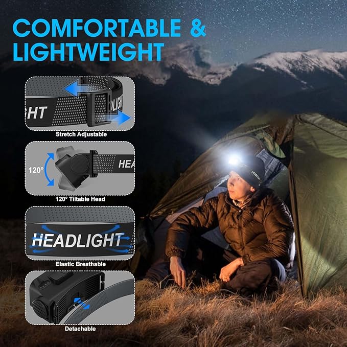 Rechargeable Headlamp Flashlight 2-Pack, 8 LED 2500 Lumen Ultra-Light Bright Headlight with Motion Sensor, Waterproof Lightweight Head Lamp for Adult Kid, Headlamps for Outdoor Camping Running Fishing