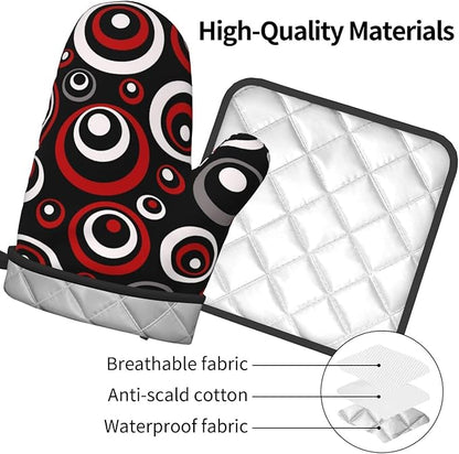Retro Red Circles Oven Mitt and Pot Holder Set