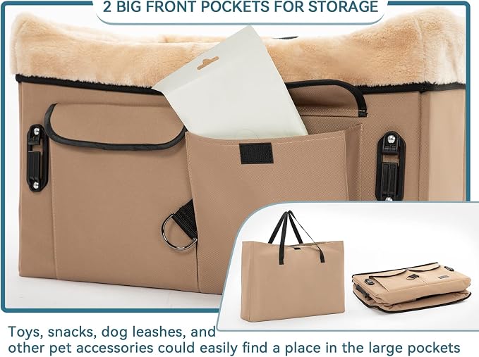 Petsfit Dog Booster Car Seat for Medium Dog or 2 Small Dogs with Patent Buckles, Washable Pad, Upgraded Pet Car Seat for Dogs Up to 45 lbs (Medium, Tan)