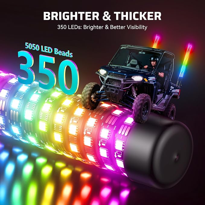 Ehaho 2PCS 1FT Fat Whip Lights for UTV ATV, Led Fatty Whip Light W/Rocker Switch & 6 Flags, Brighter Spiral Chasing Lighted Antenna Whip with APP & Remote Control for RZR SXS