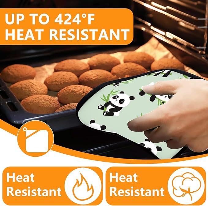 Cute Panda Oven Mitts and Pot Holders Sets 4Pcs, Extra Long Oven Gloves
