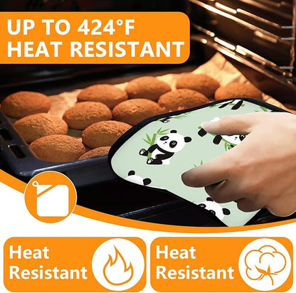 Cute Panda Oven Mitts and Pot Holders Sets 4Pcs, Extra Long Oven Gloves