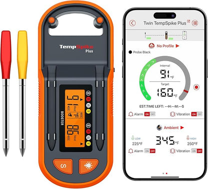 ThermoPro TempSpike Wireless Meat Thermometer with 2 Ultra-Thin Meats Probes, Bluetooth Meat Thermometer with Stand-Alone LCD Booster for BBQ, Oven, Grill, Kitchen, Smoker, Rotisserie, Red and Yellow