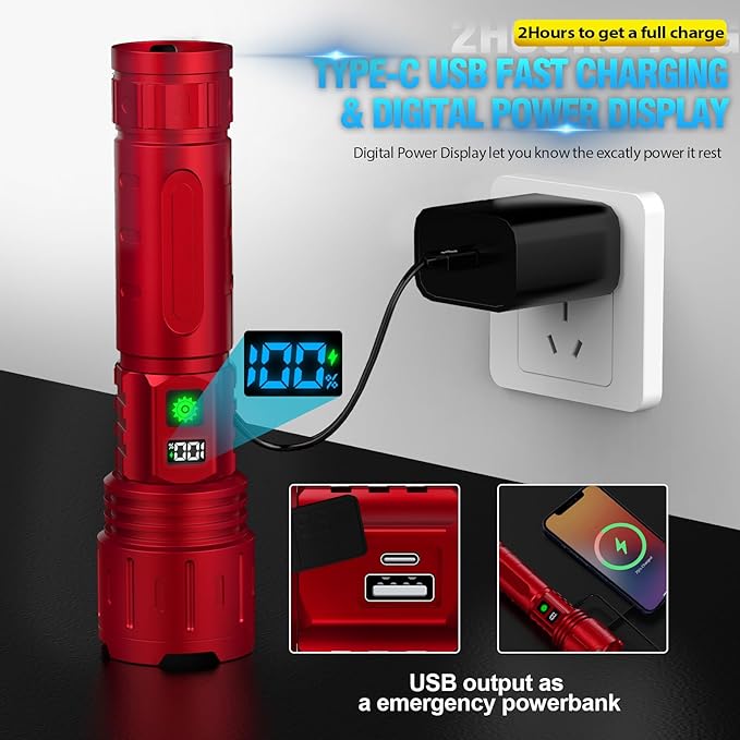 Rechargeable Flashlights High Lumens - 1500 Meters Long Beam Super Bright LED Flash Light with Power Display & IPX5 Waterproof for Camping, 20H Runtime,5 Modes,Zoomable Handheld Flashlight -2pcs Red