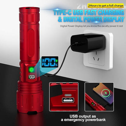 Rechargeable Flashlights High Lumens - 1500 Meters Long Beam Super Bright LED Flash Light with Power Display & IPX5 Waterproof for Camping, 20H Runtime,5 Modes,Zoomable Handheld Flashlight -2pcs Red