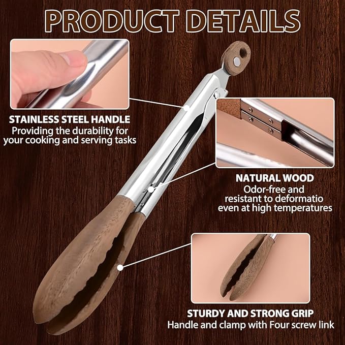 Wooden Tongs for Cooking & Serving Food, Stainless Steel Salad Tongs with Walnut Wood Tip, Anti-Slip Long Handle Wooden Kitchen Tongs Heat Resistant, Smooth Locking & Hanging Cooking Utensils Set of 2