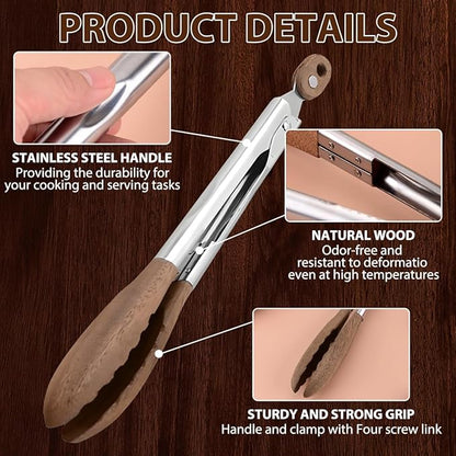 Wooden Tongs for Cooking & Serving Food, Stainless Steel Salad Tongs with Walnut Wood Tip, Anti-Slip Long Handle Wooden Kitchen Tongs Heat Resistant, Smooth Locking & Hanging Cooking Utensils Set of 2
