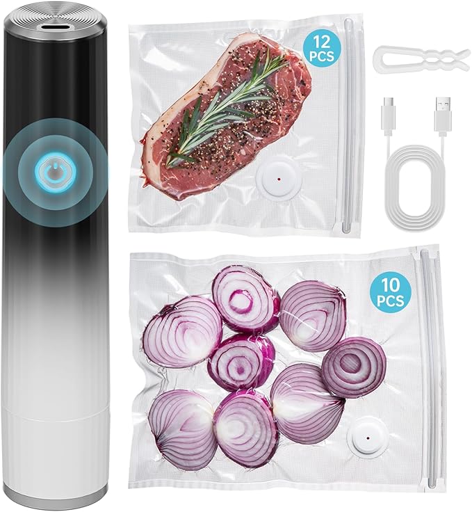 Vacuum Sealer, Handheld Compact Vacuum Sealer for Food Fresh & Save Meal Prep Sous Vide, Portable Cordless Vacuum Machine for Travel, with 22 Reusable Vacuum Bags, Black