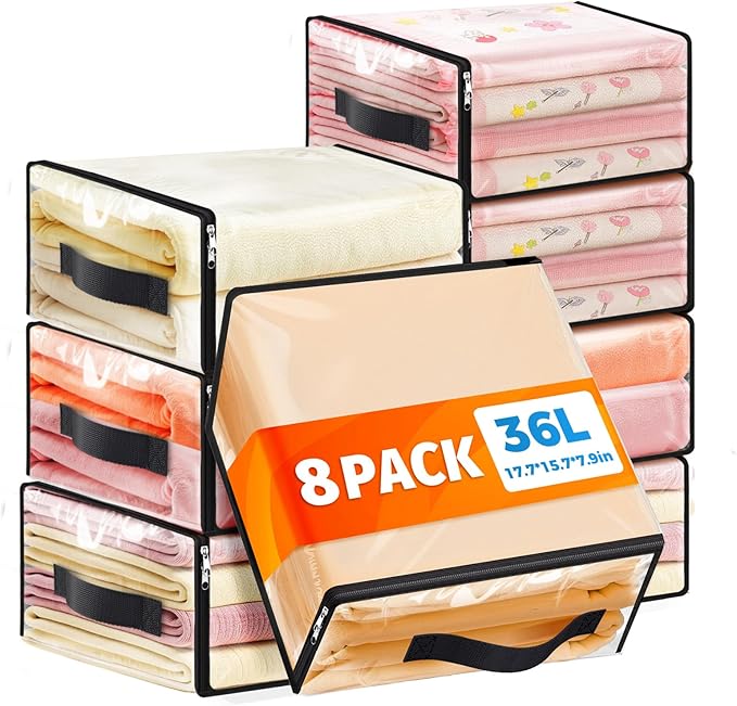 SpaceWhisper 8 Pack Clear Storage Bags, Plastic Blanket Storage Bags with Zipper and Handle, Moving Bags for Comforter, Bedding & Clothes, Closet Organizer and Under Bed Storage (17.7x15.7x7.9 Inch)