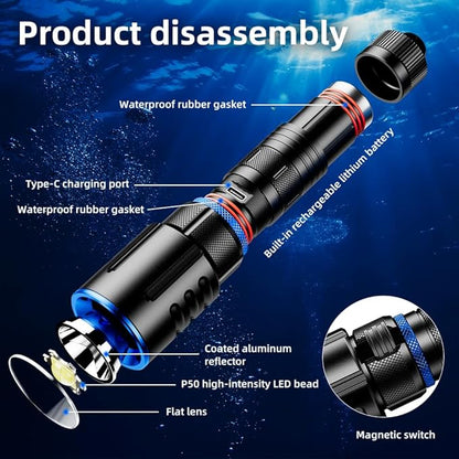 1000 Lumens Dive Light, Waterproof IPX8 100M, Rechargeable LED Flashlight with 11° Beam Angle, Underwater Scuba & Snorkeling Torch for Diving, Caving, and Emergency Use