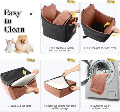 Dog Car Seat for Small/Medium Dogs, Memory Foam Dog Booster Seat, Travel Safety Pet Car Seat with Washable Removable Cover, Storage Pockets for Dogs up to 35 lbs((Black/Brown, Medium)