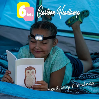 Headlamp for Kids, Battery Powered LED Headlamps, Owl Frog Giraff Dog Fox Raccoon Theme Gift for Children's Day, Birthday, Toddlers - 6 PCS
