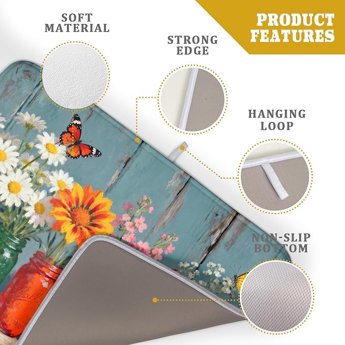 Dish Drying Mat for Kitchen Counter 18x24, Spring Summer Floral Decorative