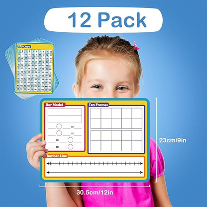 Aizweb 12 Pack Dry Erase Board Card,9" x 12" Small Whiteboard Number Line 120 Numbers Chart Ten Frame,Math Manipulatives Addition Subtraction Game for Student Classroom Must Haves Teacher Supplies
