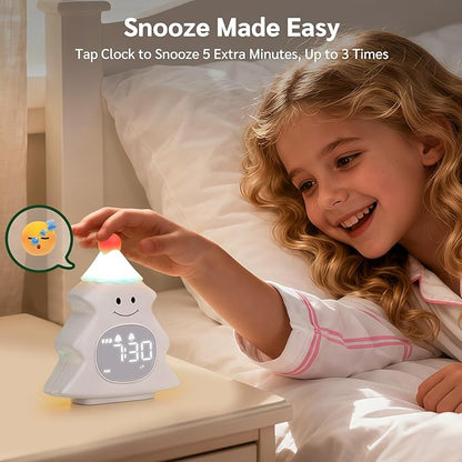 Yiliaw Kids Alarm Clock with Night Light, Christmas Tree Wake Up Clock, Rechargeable Cute Alarm Clock for Bedroom, for Boys and Girls, White