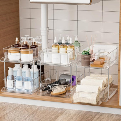 Fabspace 3-Pack Pull-Out Home Organizers, 2 Tier Clear Bathroom Organizer