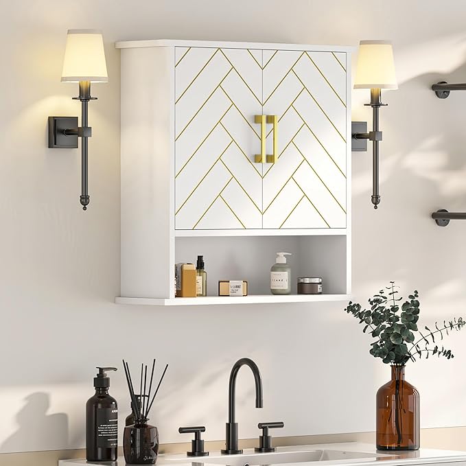 White Chevron Pattern Bathroom Wall Mount Cabinet, Stylish Hanging Medicine