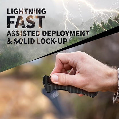 Off-Grid Knives - Rapid Fire Blackout - Large Folding Knife for Camping & EDC, Cryogenic D2 Blade Steel, Titanium Nitride Coating with G10 Scales & Deep Carry Clip